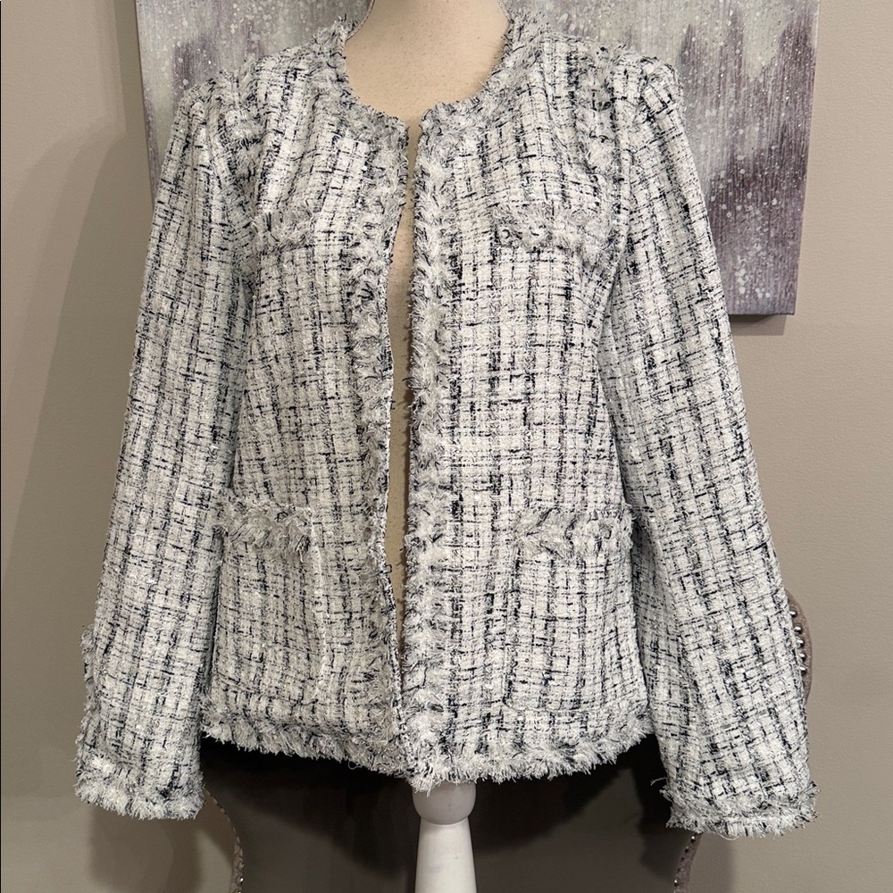 Ebossy Women's Black and White Tweed Jacket Size Large - Picture 2 of 7